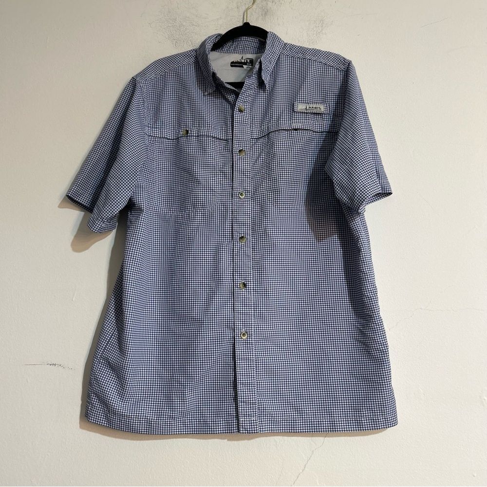 Habit Blue White Check Short Sleeve Fishing Guide Vented Shirt Medium Polyester